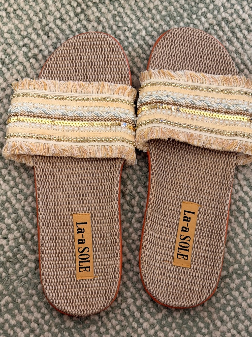 Beige Fringe & Sequin Slide Sandals